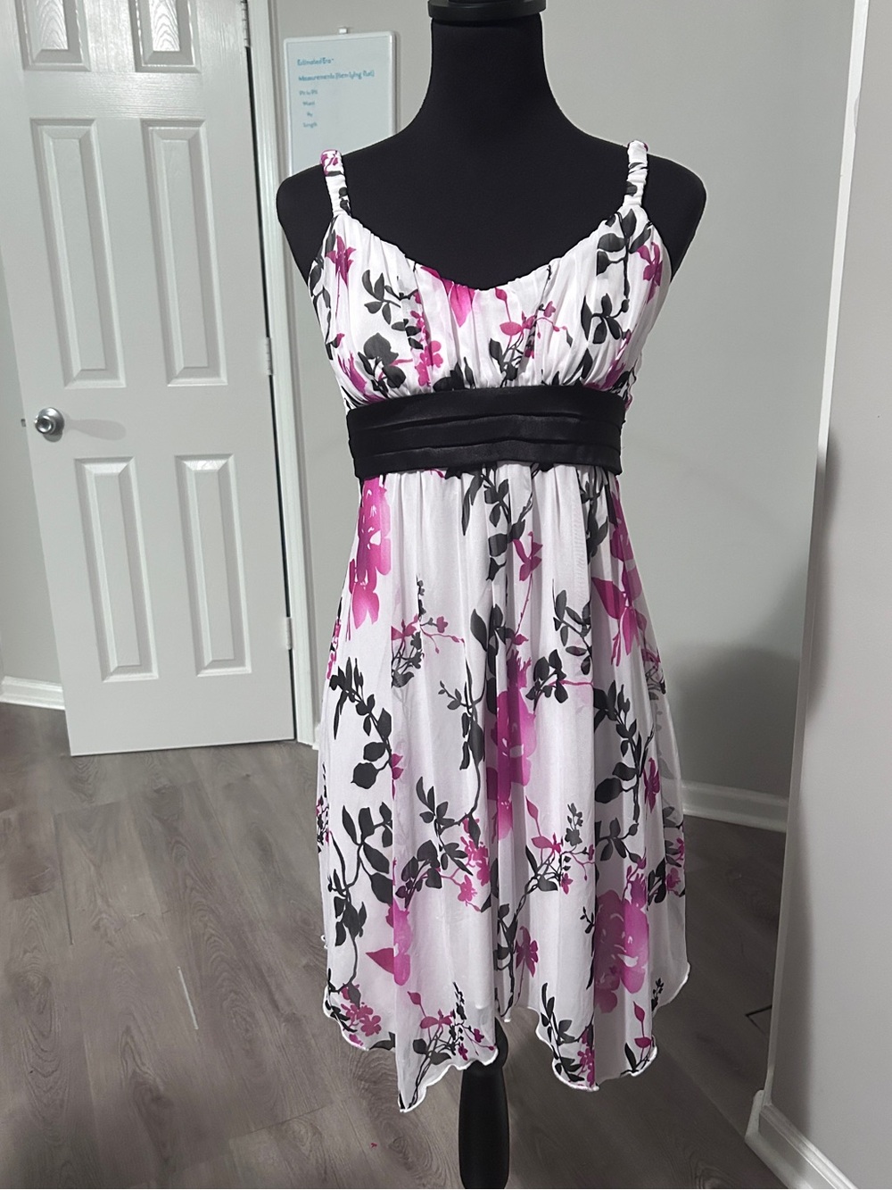 Y2K Floral Empire Waist Dress | White Pink Black Midi